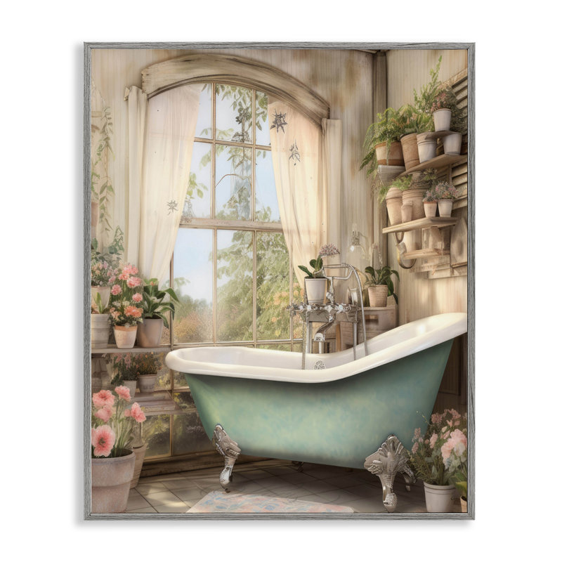 Bathroom with Floral Filled Shelves Framed Giclee, design by Lettered and Lined, Farmhouse Gray Framed Giclee, 30" H x 24" W