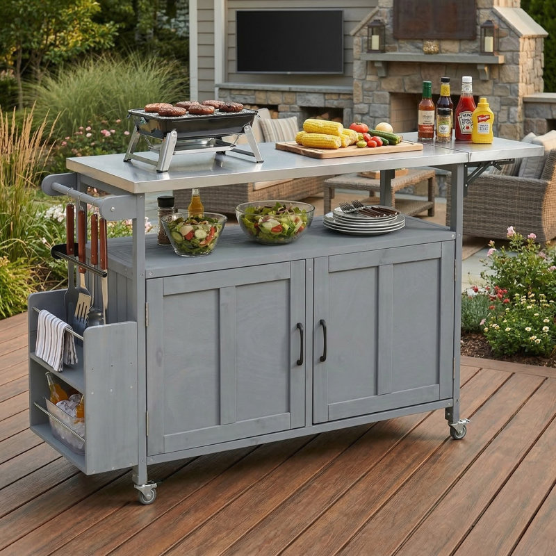 Foldable Portable Outdoor Kitchen Island with Lockable Wheels, Storage Cabinet and Towel Rack for Patio, Garden, Grey