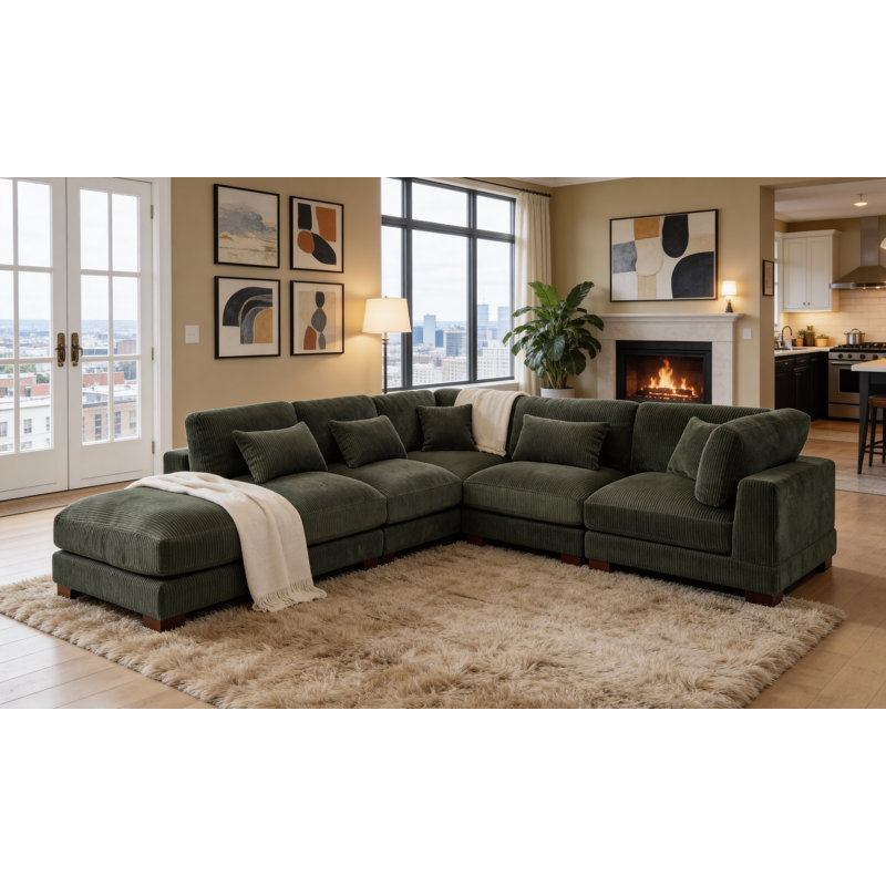 Moonwallow Modular Sectional, Dark Green Corduroy