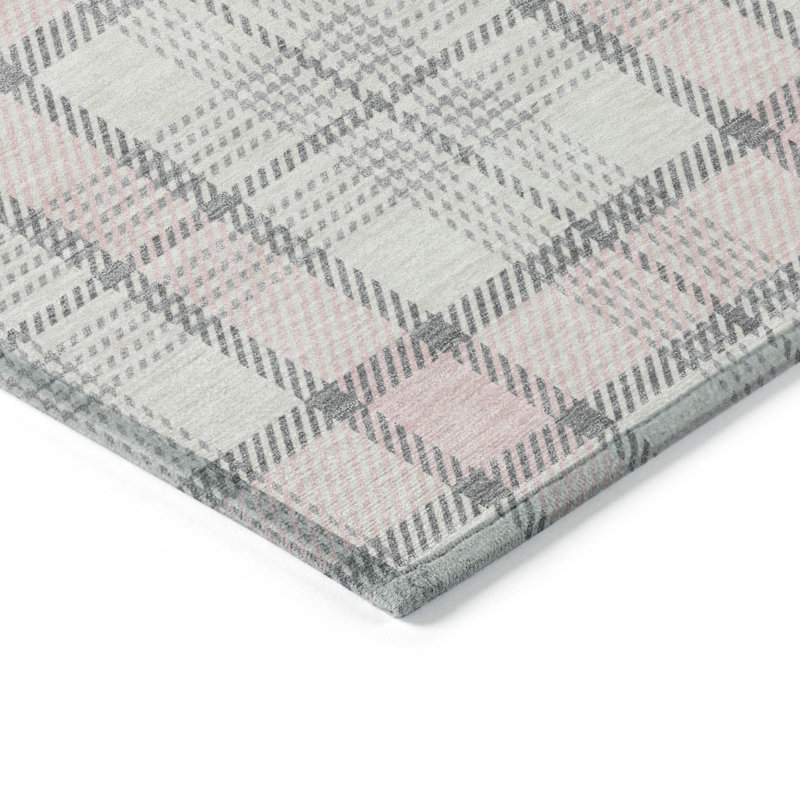 Pink and Gray Plaid Washable Synthetic Rug, 3' x 5'