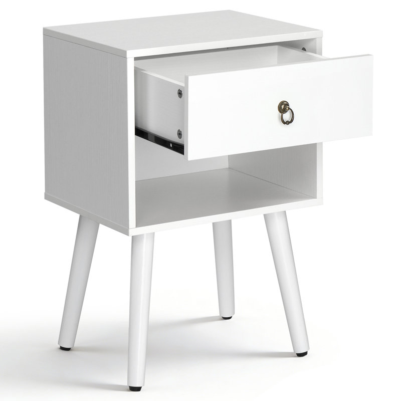 Table de chevet blanche et chêne 15,0 po, panneau de particules P2 et pieds solides, mélamine mate, poignée en anneau, 1 tiroir