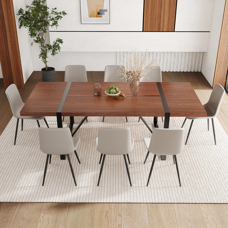 Ensemble de table de salle à manger en bois 87 po avec chaise rembourrée en cuir PU, 9 pièces : table, 8 chaises, Gris