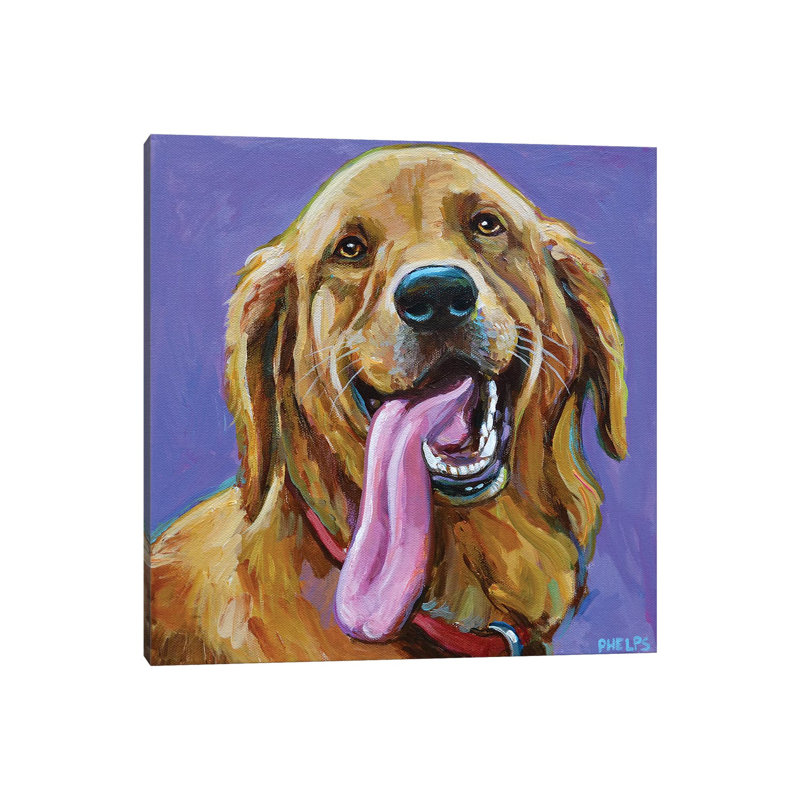 Golden Retriever With Big Tongue by Robert Phelps - Painting on Canvas, Wrapped Canvas, 45.72 cm H x 45.72 cm W x 1.91 cm D