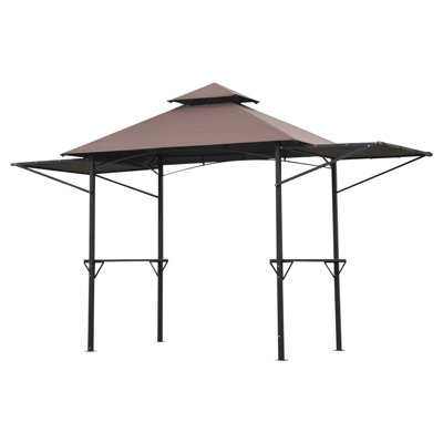 245cm x 148cm Brown Double-Tier Grill Gazebo with Extendable Side Awnings, Two Side Shelves, and UV-Protective Polyester Canopy for Outdoor BBQ and Patio Use
