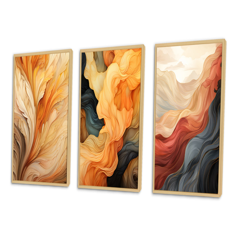 Vintage Orange Ornamental Wave Elegance - Abstract Shapes Art Set Of 3 Pieces, Cadre naturel flottant, H 32 po x l 48 po