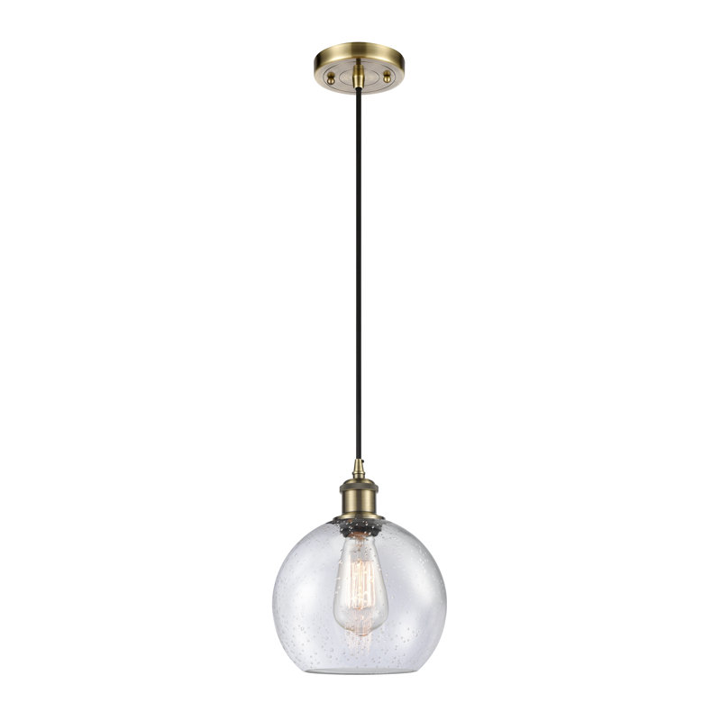 Luminaire suspendu sphère 1 lumière Baptista, Transparent craquelé, DEL, Laiton antique