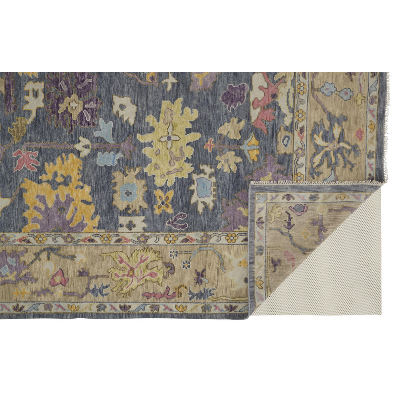 Karina Hand Knotted Wool Floral Area Rug in Blue/Beige, Rectangle 2' x 3'