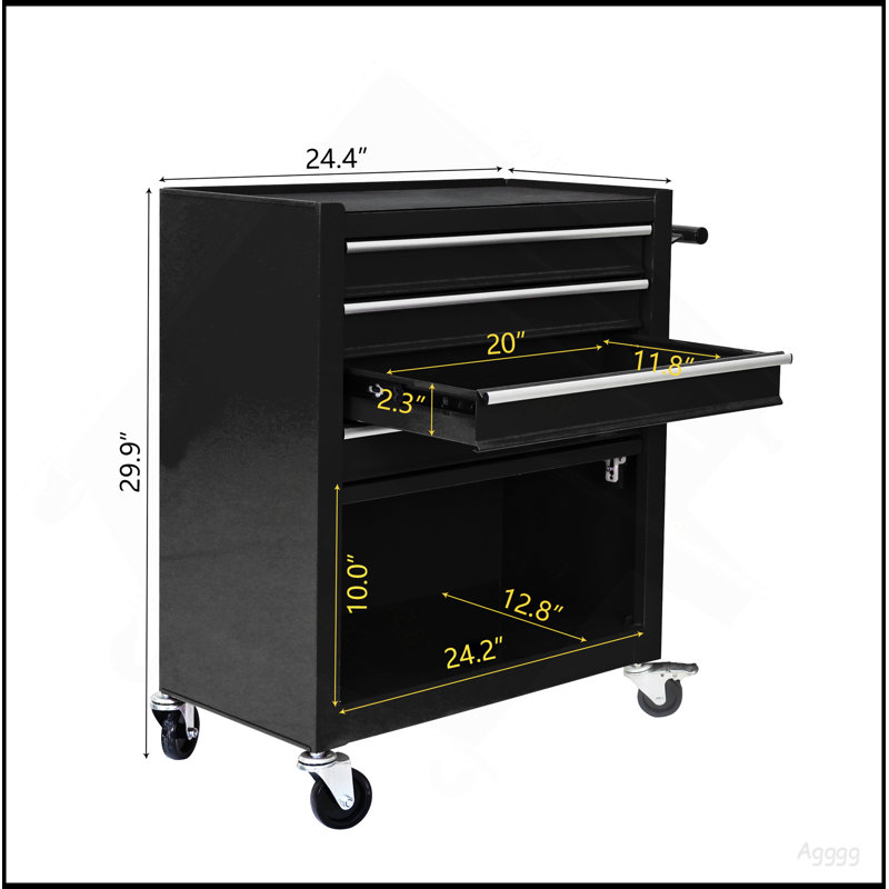 Boîte à outils pour enrouler 4 tiroirs, 24,4 po avec 4 roulettes et tiroirs avec outils, pour garage, entrepôt, atelier, magasin, noir
