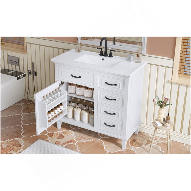 36 Inch Bathroom Vanity With Ceramic Sink Top, Wood Frame, MDF & Poplar Cabinet, Flip Drawers, Adjustable Shelf, And Zinc Alloy Handles, Freestanding Storage Cabinet (Faucet Not Included)