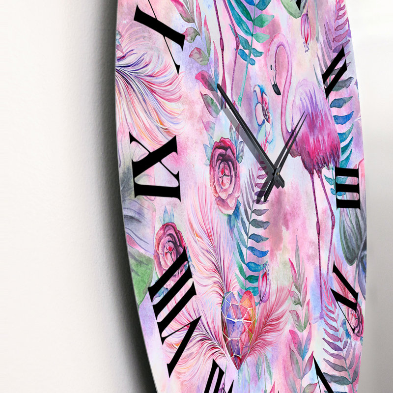 Flamants roses avec feuilles de palmier - Horloge murale à motifs, Moyen