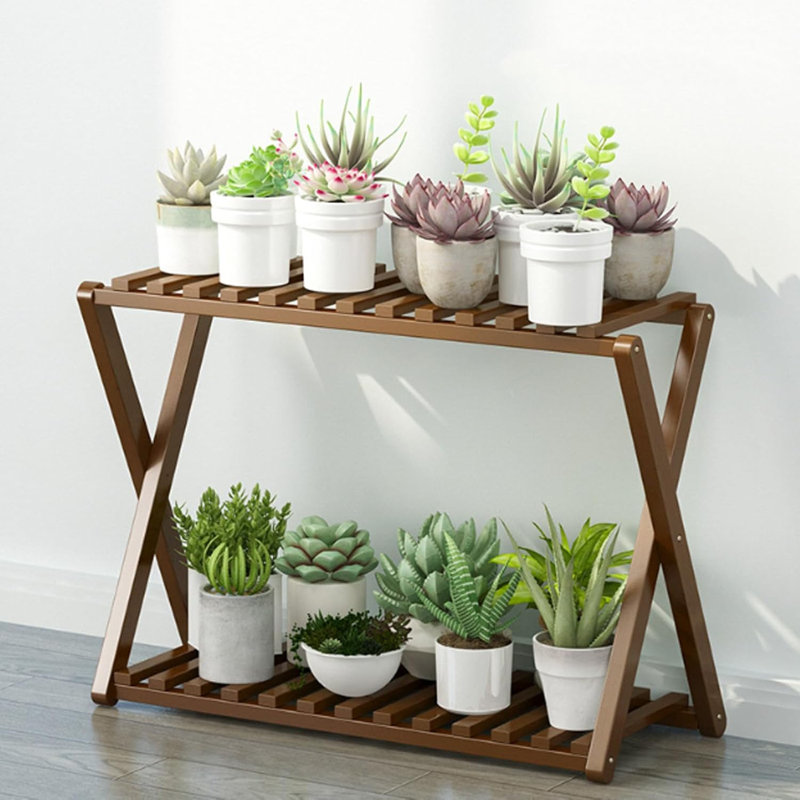 Support pour plante pliable en bambou 2 niveaux, Brun