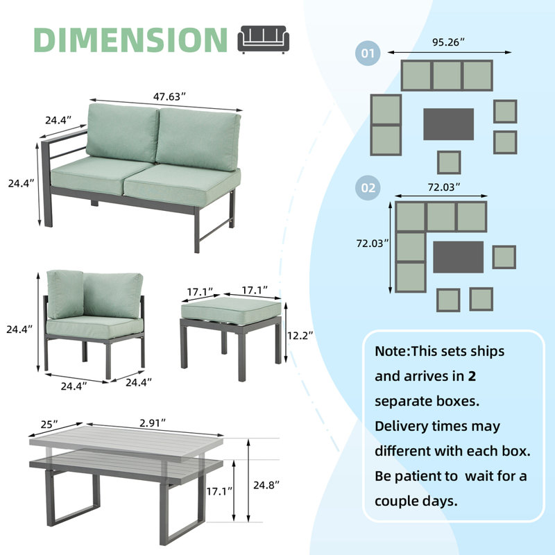 8 Seats Modern Outdoor Furniture With Adjustable Table, Green