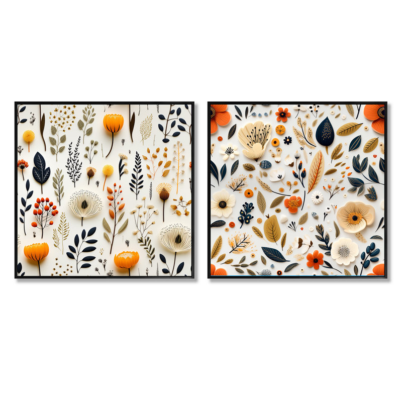 Ensemble de 2 collages blancs botaniques élégants scandinaves blancs II, Cadre flottant noir, H 16 po x l 33 po