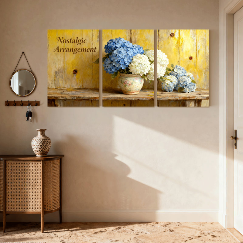 Hortensia, arrangement floral nostalgique, ensemble de 3 impressions sur toile, H 18 po x l 36 po