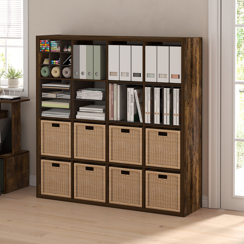  Organisateur de rangement décoratif à dos ouvert Grigorijs, (16 tablettes) H 57,95 po x l 57,8 po x P 14,57 po, Pin ambré