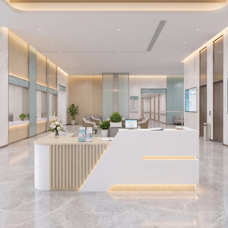 86.6“ L-Shaped Modern Reception Desk With Locking Drawer, LED Lights & Built-In Outlets, For Cashier Counter, Salon, Office And Customer Service Front Desk