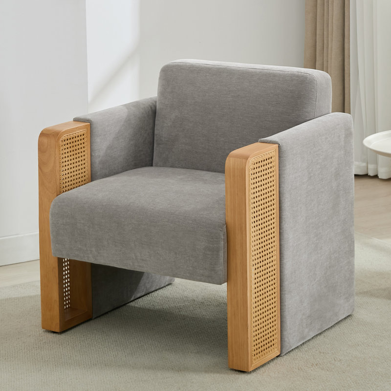 Barraclough Modern Upholstered Wide Rattan Accent Armchair, Gray
