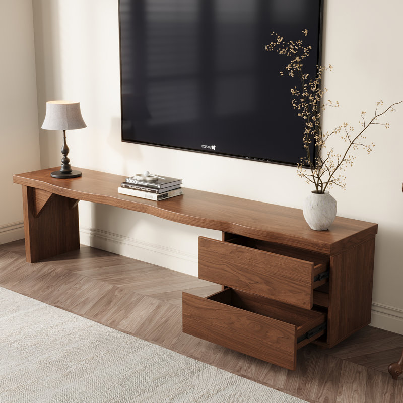 Meuble télé de style Mid-Century moderne avec plateau en forme de vague, 2 tiroirs extensibles, console multimédia à finition noyer pour téléviseur de 75 po ou moins