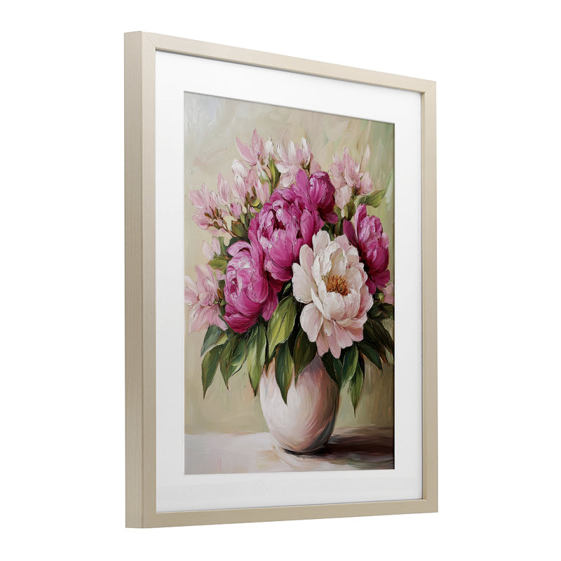 «Vibrant Pink Floral Bouquet», reproduction sous verre, par Petal Prints Design, H 16 po x l 13 po, Cadre de récolte en pin