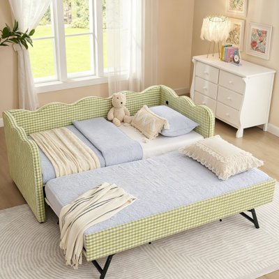 Cozy Gingham Daybed With Trundle Twin Size Sofa Bed No Box Spring Needed, With USB Port And Adorable Wave Shaped, Linen Fabric, Green