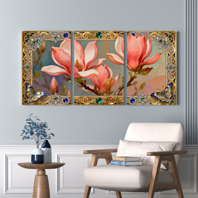 Ensemble de 3 tableaux muraux sur toile tendue représentant des fleurs de magnolia et des papillons, H 36 po x l 72 po