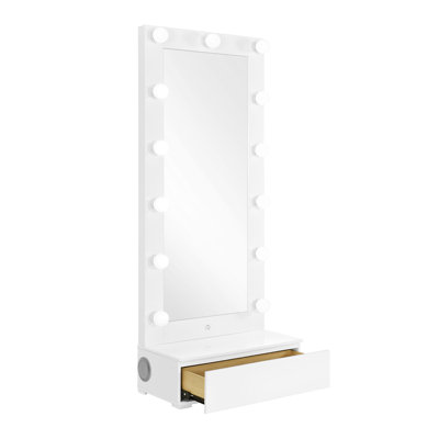 White Narrow Tall Mirror With Speaker And Drawer