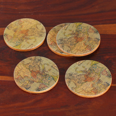 NOVICA Handmade Enchanting Cartography Wood Coasters (Set Of 5)
