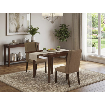 3 Piece Dining Table Set Contains a Rectangle Dining Room Table with Dropleaf and 2 Brown Linen Fabric Upholstered Chairs, Mahogany