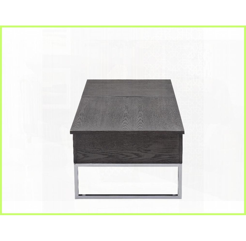 Table basse à plateau relevable en chêne gris avec base chromée - 2 compartiments de rangement cachés pour le salon