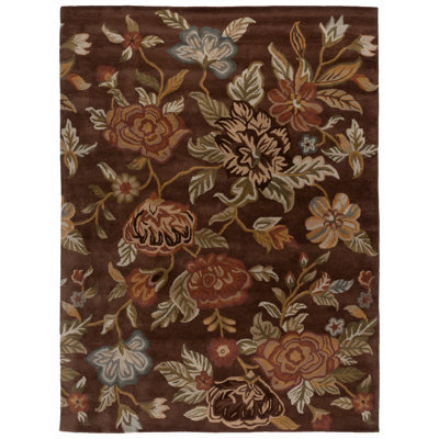 Emrick Hand Hooked Wool/Cotton/Latex Floral Rug in Brown