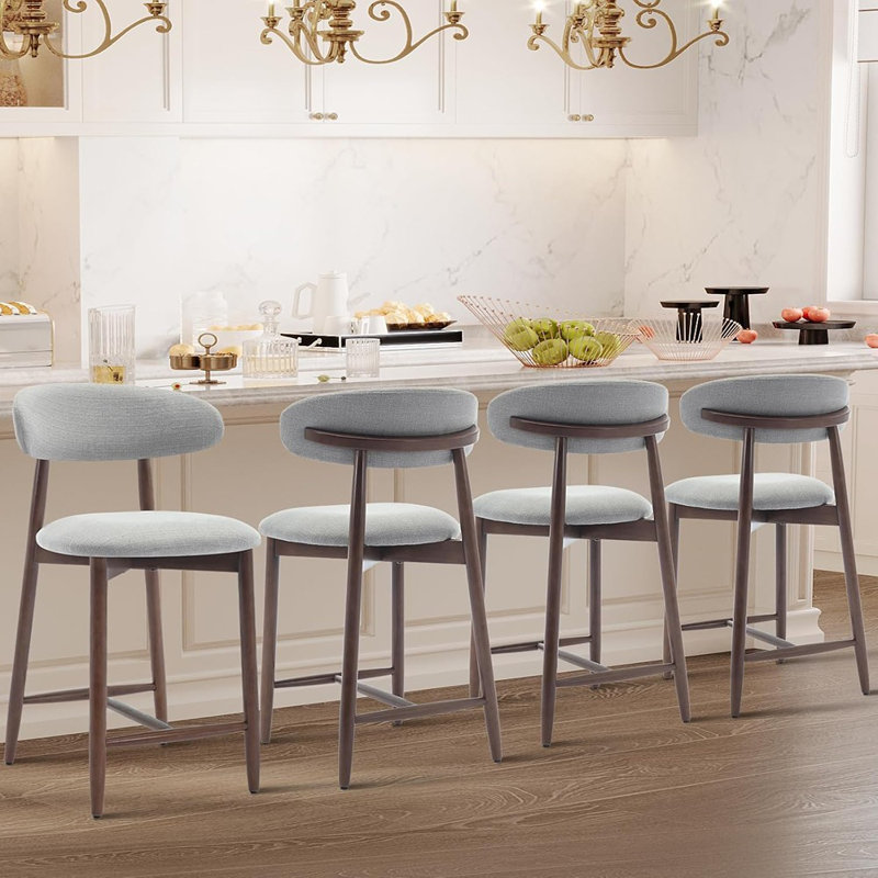 Ensemble de 4 tabourets de bar modernes rembourrés avec dossier et pieds en bois, gris clair