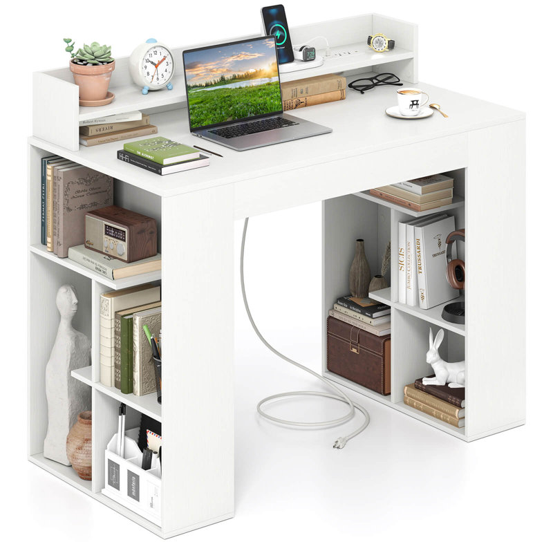 43" Home Office Desk With Power Outlets Monitor Shelf Bookshelf & Cable Hole