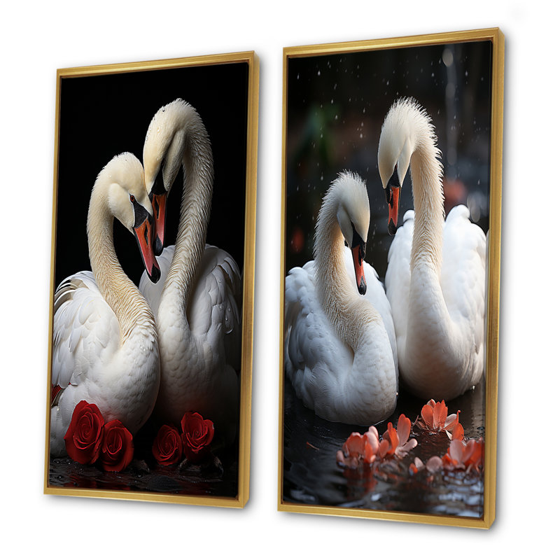 Swans Romantic Portrait - Ensemble de 2 décorations murales Swans, Cadre flottant doré, H 28 po x l 25 po