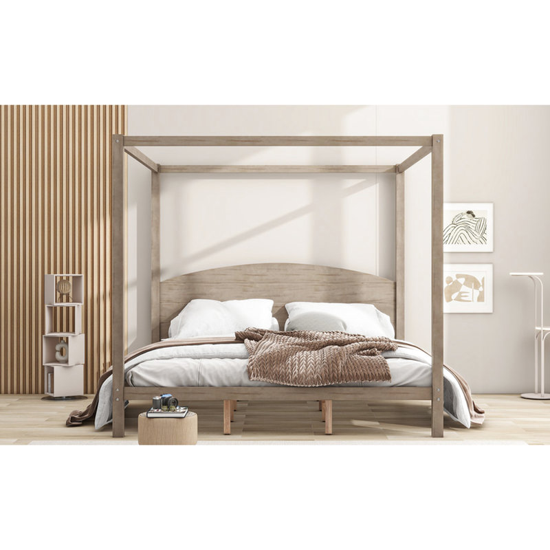 King Size Canopy Platform Bed With Headboard, Support Legs In Brown Wash - Stylish Touch Headboard And Robust Construction