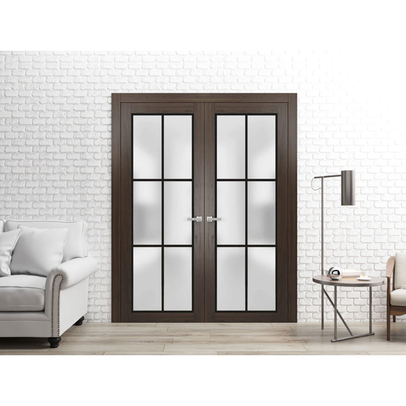 Portes françaises doubles solides | Verre givré Planum 2122 | Garnitures de cadre en bois massif | Portes robustes de chambre à coucher pour garde-robe