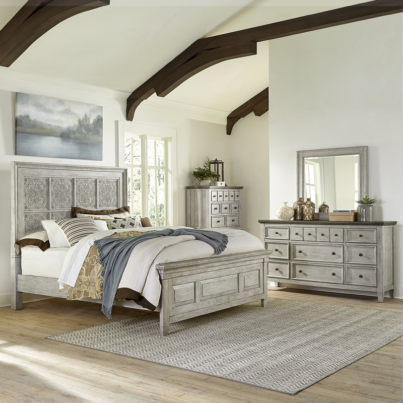 Haylee Decorative Panel Bed, Dresser & Mirror, Chest Bedroom Set, California King, 4 Pcs: Bed, 2 Dressers, Mirror