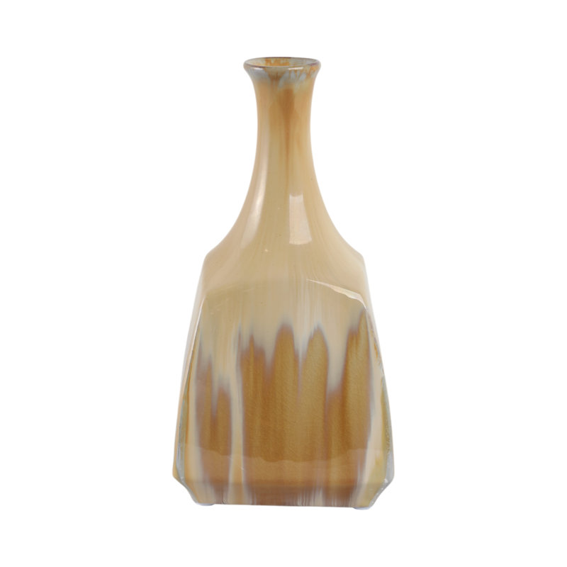 Cylindrical Tapered Ceramic Tall Flower Vase for Home Decor - Modern Glazed Vase for Living Room Table or Entryway Styling - Tan & Ivory