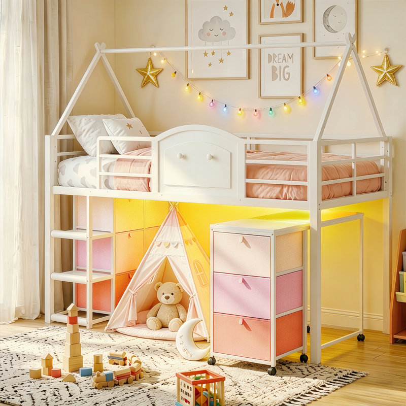 Low Loft Bed with Pull-Out Desk & Storage Drawers and Ladder Shelves LED Metal House Beds, Pink