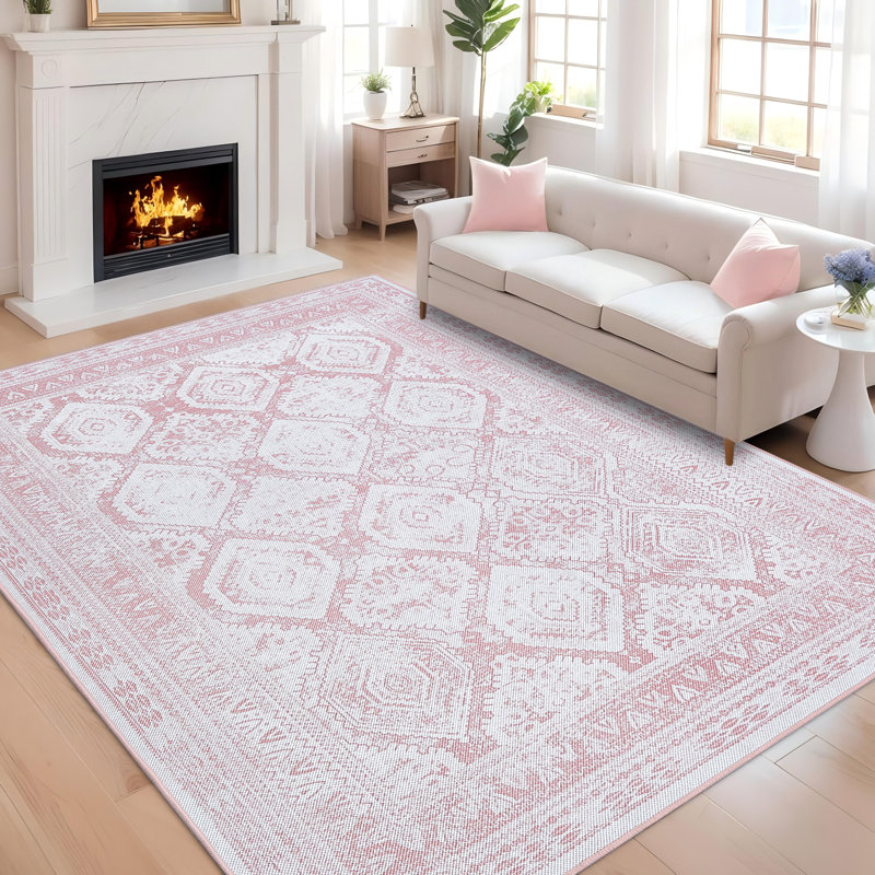 Machine Washable Non-Slip Vintage Retro Pink Area Rug, Rectangle 8' x 10'