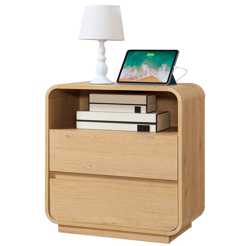 Table de bout en bois de 25 po de hauteur, table de chevet naturelle avec station de charge et 2 tiroirs, table d'appoint courbée