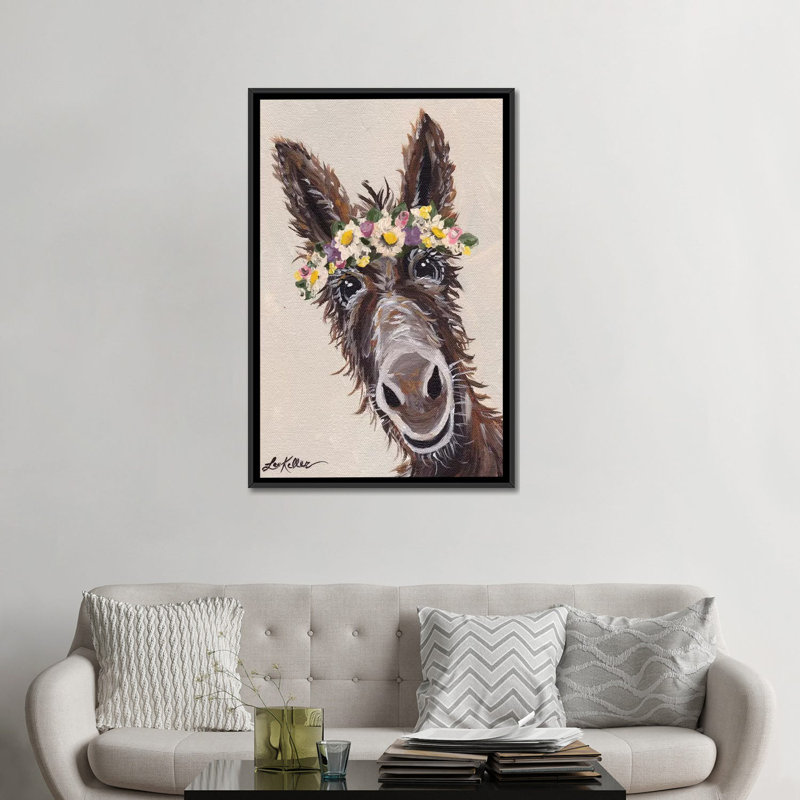 «Donkey with Flower Crown», impression sur toile, Toile avec cadre noir, H 48 po x l 32 po x P 1,5 po