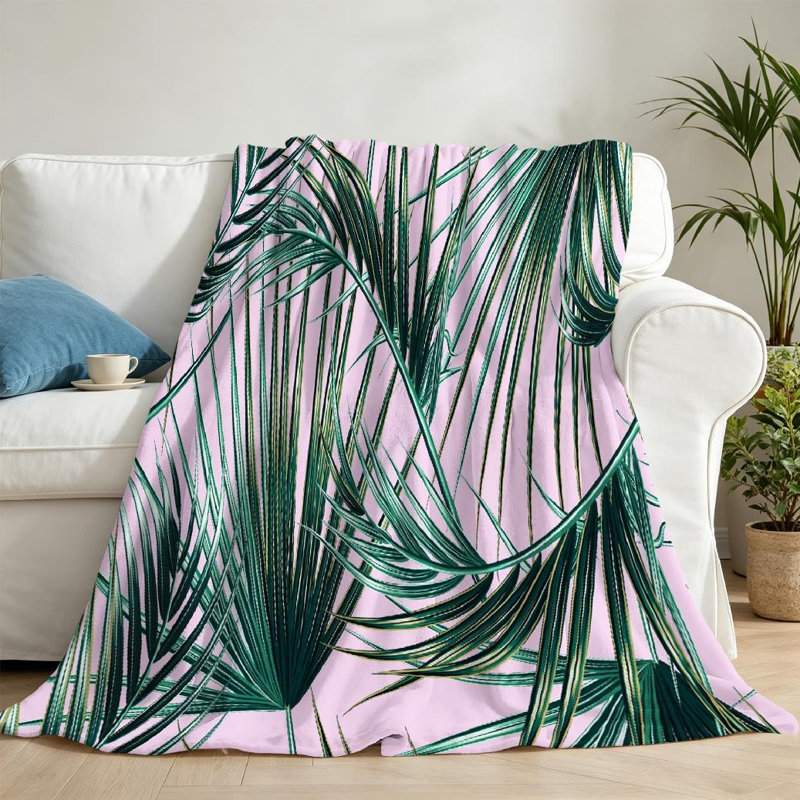 Jeté en flanelle verte ultra douce, imprimé feuilles de palmier tropical, Jeté 50 po x 60 po