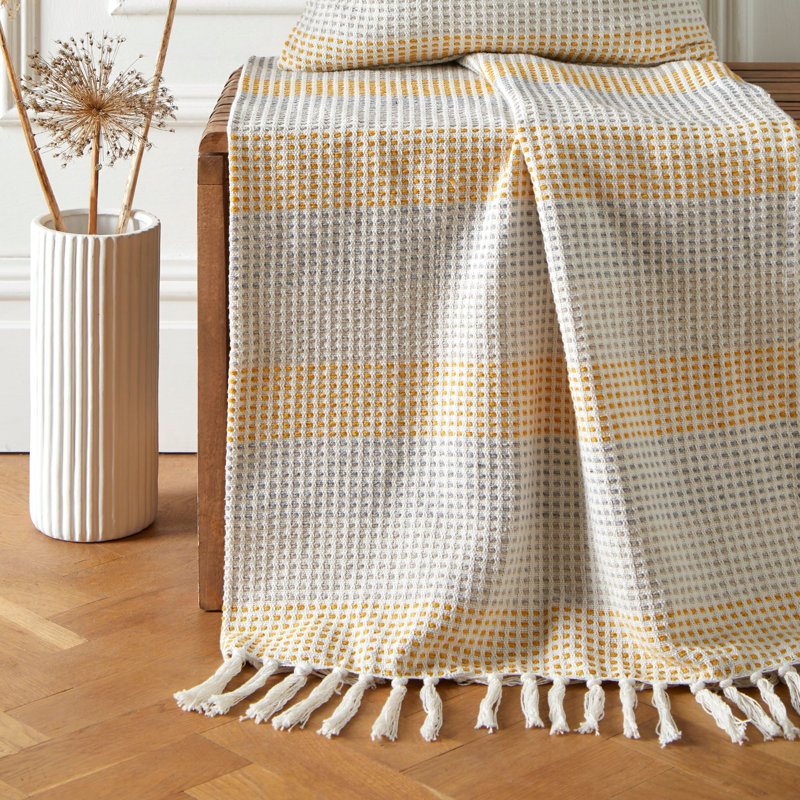 Cotton Striped Bedspread, Ochre