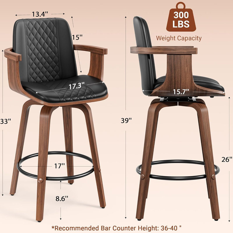 Modern 360° Swivel Bar Stools With Bentwood Armrests – PU Leather Cushioned Seat, High-Density Foam, Metal Footrest, Kitchen & Home Bar Seating