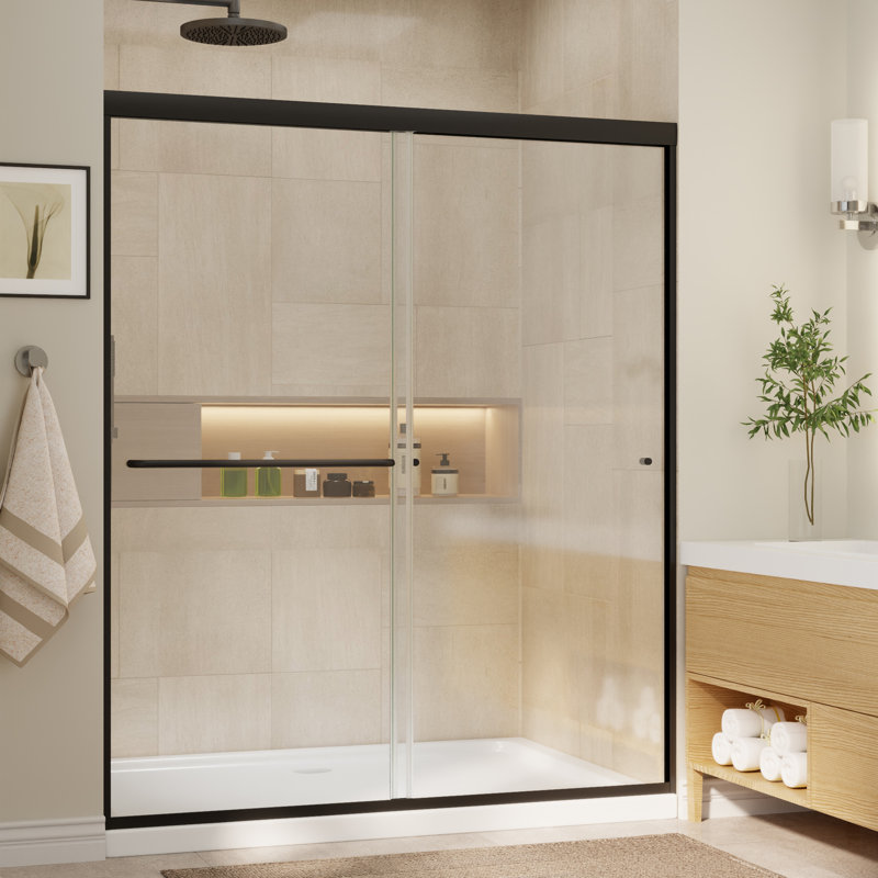 Porte de douche coulissante double encadrée l 56 à 60 po x H 70 po avec verre trempé épais de 1/4 po (6 mm), Matte Black