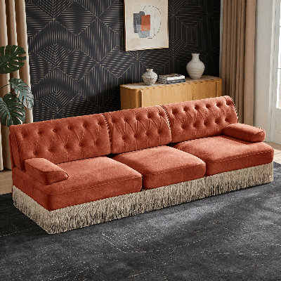 Canapé 3 places en velours avec dossier touffeté et jupe à franges de frange de sol - Design ergonomique, cadre en bois, canapé de salon rembourré pour animaux de compagnie