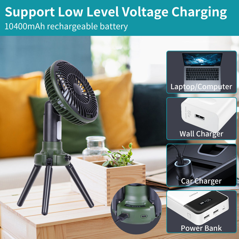 Oscillating Camping Fan With LED Lantern, 10400Mah Battery Operated Portable Fan, Green