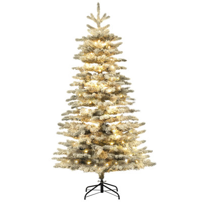 Pre-Lit Mountain Pine Artificial Christmas Tree, Snow Flocked Christmas Tree, Hinged Xmas Tree With Led Lights And Branch Tips For Holiday Party Decor