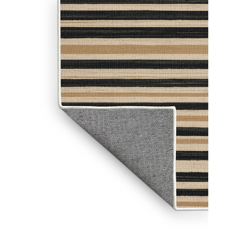 Washable Light Beige Charcoal Striped Area Rug, Square 4'