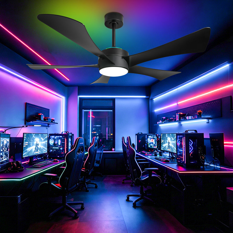 52" Modern Ceiling Fan with LED Light, RGB Color Changing, Remote & APP Control, White/Black, Black